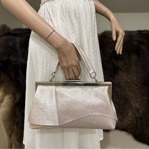 Metallic Pink Leather Handmade Asymmetrical Ruffles, Push Lock Clutch/Crossbody - Picture 2 of 14